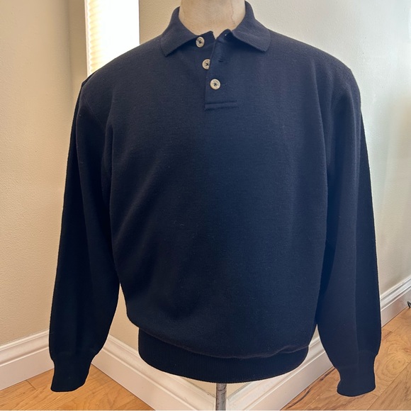I Levrieri Black Merino Wool Sweater Medium Polo Style Long Sleeves Buttons - Picture 1 of 5